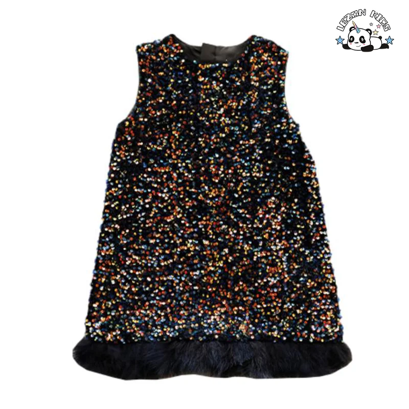 LEZONKIDS - Novo modelo de vestido de menina personalizado brilhante sem mangas com penas de veludo e lantejoulas